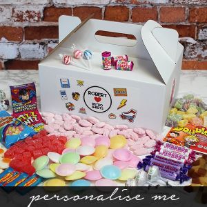 A Large Retro Sweet Tuck Box with contents and personalise me label