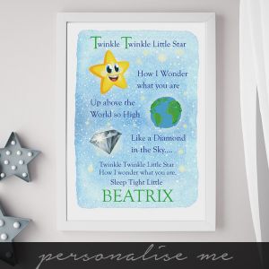 Personalised Twinkle Twinkle Little Star poster lifestyle shot in white frame